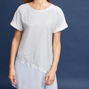 Anthropologie White Lace-Trim Short Sleeve Top